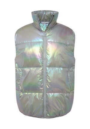 Doudoune réfléchissante et iridescente avec un col haut, fermeture éclair à l'avant et ourlet arrondi. Présente des panneaux matelassés et des poches latérales.
