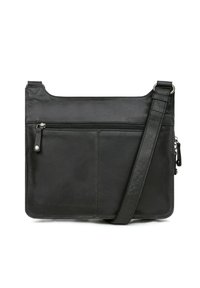 Borsa a tracolla in pelle nera con tasca frontale con zip, tracolla regolabile, texture liscia e design rettangolare semplice.