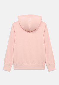 Sweat à capuche rose pâle, à manches longues, coupe décontractée, poignets et ourlet côtelés, en tissu doux et texturé. Vue de dos.