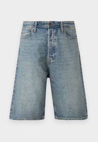 Denim shorts featuring a light blue wash, five-pocket design, and straight cut. Durable fabric with visible stitching and a button closure.