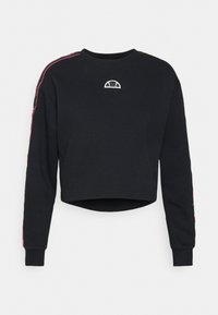 Zwarte cropped sweatshirt van katoen, met lange mouwen, een ronde halslijn en een wit logo op de borst met roze accenten aan de zijkanten.