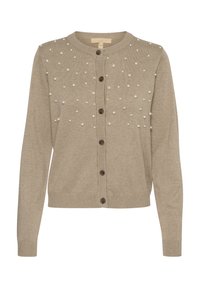 Beige krāsu cardigan ar apaļu kaklu, pogu priekšpusi un pērlēm izkaisītām pa audumu. Ribotas piedurknes un apakšmalas.
