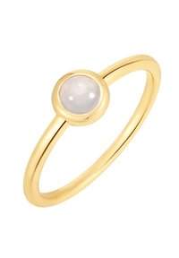 Aranyozott gyűrű, amely sima, kerek holdkőből készült, foglalatban. Egyszerű sáv kialakítás, polírozott felülettel és további díszítések nélkül.