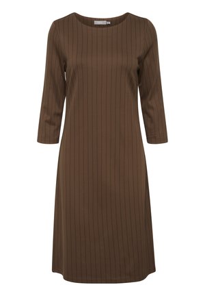 Ruda iki kelių ilgio suknelė su trimis ketvirtadaliais rankovėmis, turinti vertikalių juodų juostų ir apvalaus kaklo dizainą. Pagaminta iš lygios medžiagos.