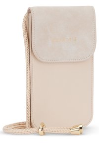 Light beige leather phone pouch with a flap closure, gold embossed logo, and a braided strap. Smooth texture with a sleek design.