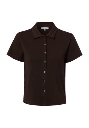 Dark brown short-sleeve button-up shirt with a collar, displayed on a white background.
