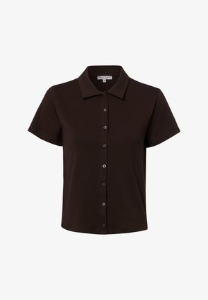Dark brown short-sleeve button-up shirt with a collar, displayed on a white background.