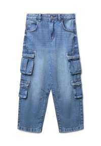 Pantaloni cargo in denim blu con molteplici tasche laterali, taglio dritto e cuciture a contrasto. Presentano una chiusura a bottone e passanti per cintura.