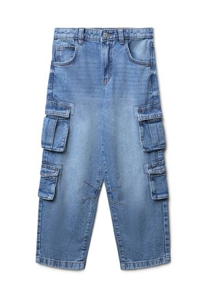 Pantaloni cargo in denim blu con molteplici tasche laterali, taglio dritto e cuciture a contrasto. Presentano una chiusura a bottone e passanti per cintura.