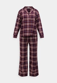 Σετ πιτζάμας με καρό σχέδιο σε μπορντό, κρέμα και μπλε. Μακρυμάνικο πουκάμισο με κολάρο και αντίστοιχα φαρδιά παν trousers, και τα δύο με σχέδιο καρό.