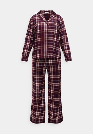 Maroon, cream ja sinivuorinen ruudullinen yöpuku. Pitkähihainen kaulusnapituspaita ja matching leveät housut, molemmissa ruutukuosi.