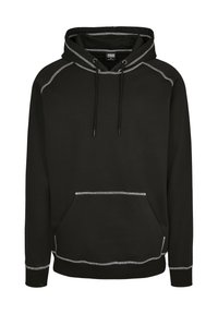 Melnā džemperis ar kapuci, izgatavots no mīksta, fakturēta auduma. Ir kengura kabata, kapuces aukla un kontrastējoši baltas šuves gar šuvēm.