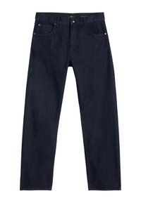 Ciemnoniebieskie dżinsy o prostych nogawkach, z zapięciem na guziki, pięciokieszeniowym krojem i subtelnymi detalami szwów.