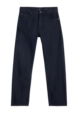 Ciemnoniebieskie dżinsy o prostych nogawkach, z zapięciem na guziki, pięciokieszeniowym krojem i subtelnymi detalami szwów.