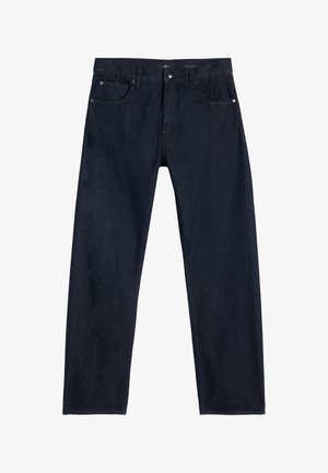 Ciemnoniebieskie dżinsy o prostych nogawkach, z zapięciem na guziki, pięciokieszeniowym krojem i subtelnymi detalami szwów.