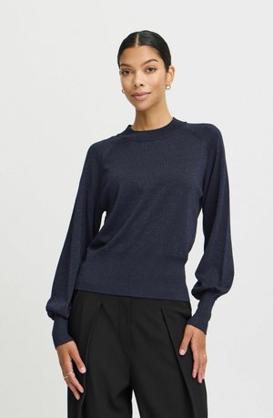 Navyblauer Pullover mit taillierter Passform, lockeren Ärmeln und einer subtilen Glitzertextur. Gerundeter Halsausschnitt, glattes Material und gerippte Bündchen.