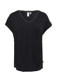 Musthave musta lühikeste varrukatega V-kaelusega T-särk pehmest kangast, millel on lainelise pitsäärisega kaelus ja vabamat lõiget.