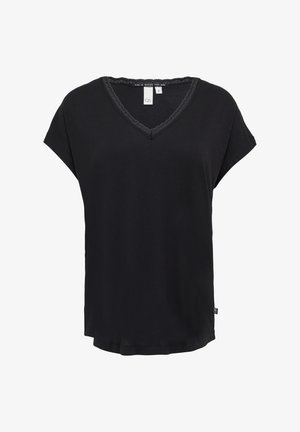 Juodas trumpas rankovėmis V formos iškirptės marškinėliai, pagaminti iš minkštos medžiagos, su banginiu nėriniu apykaklėje ir laisvu siluetu.