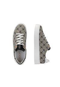 Baskets avec un motif tissé gris, semelle blanche et accents noirs. Comprend des lacets blancs et des détails en métal doré. Logo visible sur la semelle intérieure.