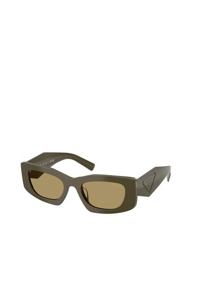 Lunettes de soleil Prada rectangulaires marron foncé avec des montures épaisses et des verres teintés, avec un logo triangulaire sur les branches.