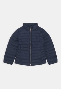 Giacca puffer blu navy con chiusura a zip, colletto corto, motivo trapuntato e maniche lunghe. Realizzata in materiale leggero e trapuntato.