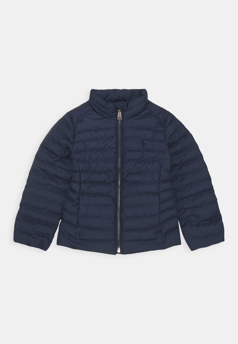 Giacca puffer blu navy con chiusura a zip, colletto corto, motivo trapuntato e maniche lunghe. Realizzata in materiale leggero e trapuntato.