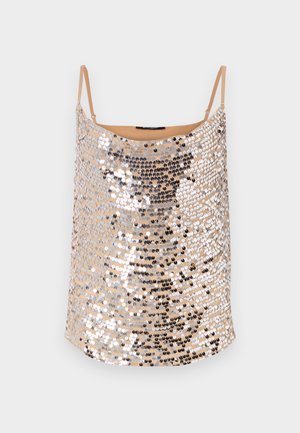 Nude sequin top with thin straps, featuring silver and black sequins in a shimmering pattern, smooth texture, and relaxed fit.
