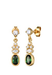 Guldtonede øreringe med tre cirkulære klare sten over en central oval grøn sten. Glat finish med en poleret overflade.