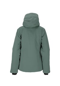 Wasserdichte Jacke in gedämpftem Grün, mit Kapuze, langen Ärmeln und schwarzen Manschetten. glatte Textur mit minimalen Nähten und ohne sichtbare Hardware.