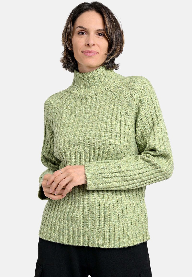 Grün gestreifter Rollkragenpullover mit langen Ärmeln und strukturiertem Finish, mit hohem Ausschnitt und leichten seitlichen Schlitzen am Saum.