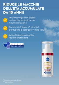 Bottiglia cosmetica bianca con pompa, decorata con una fascia rossa. Presenta un logo esagonale, il nome del prodotto e dichiarazioni sulle proprietà antinvecchiamento. Sfondo blu.