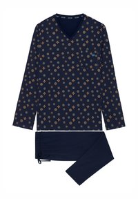 Merihenkinen loungewear-setti, jossa on pitkähihaisessa yläosassa värikkäitä kukka- ja kehämäisiä kuvioita sekä yhdistelevät narutaskuhousut.