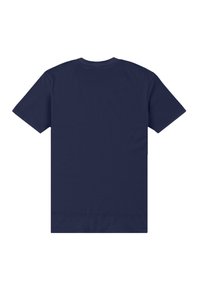 Granatowy t-shirt z krótkim rękawem, wykonany z bawełny, z klasycznym okrągłym dekoltem i jednokolorowym wzorem. Brak widocznych wzorów lub akcentów.