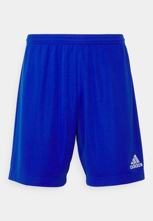 Blue athletic shorts made of smooth fabric. Features an elastic waistband and a small white Adidas logo on the lower right side.