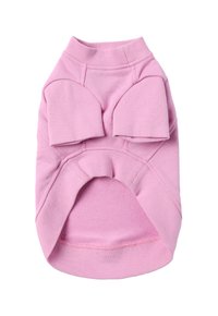 Pulover roz pentru câini, realizat dintr-un material moale, cu mâneci scurte, guler rotund și tiv ondulat cu o textură netedă.