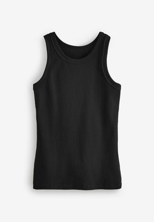Zwart katoenen tanktop met ribbeltextuur, brede schouderbanden, een ronde halslijn en een rechte zoom. Geen patronen of accenten.