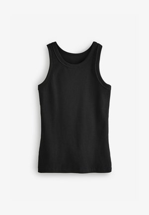 Črna bombažna majica brez rokavov z rebrasto teksturo, širokimi naramnicami, okroglim izrezom in ravnim robom. Brez vzorcev ali dekorativnih elementov.