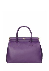 Paarse leren handtas met afgeronde bovenkant, twee korte handvatten en zilverkleurige hardware. Kenmerkt zich door een textuurafwerking en een gestructureerde vorm.
