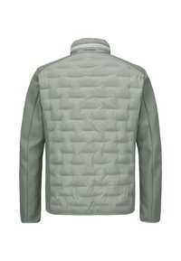 Hellgrüne Jacke mit gesteppter Vorderseite, glatten Seitenpartien, hohem Kragen und atmungsaktivem Material. Rückansicht gezeigt.