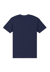 Granatowy, krótki rękaw T-shirt wykonany z bawełny, z okrągłym dekoltem i gładkim wzorem, bez widocznych logo ani grafik na plecach.