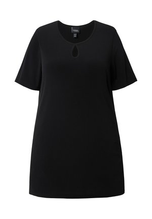 Sort kortærmet tunikabluse med rund halsudskæring og lille dråbeformet udskæring midt foran.
