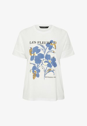 Weißes Kurzarm-T-Shirt mit blauem und goldenem Blumenmuster und dem Text "LES FLEURS" und "MONTMARTRE, PARIS" auf der Vorderseite.