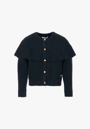 Marineblauwe gebreide cardigan met geribbelde cape-detail, gouden knopen aan de voorkant en lange mouwen.