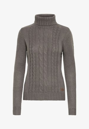 Szürke kötött pulóver magas gallérral, az elején fonott minta található, valamint bordás mandzsetta és szegély. Bőr logó részlet alul.