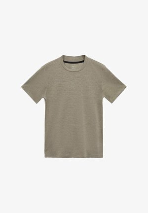 Krátky rukáv, tričko s okrúhlym výstrihom vo svetlo olivovozelenej farbe, vyrobené z mäkkého zmesi bavlny, s jednoduchou hladkou textúrou a bez vzorov či akcentov.