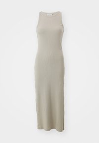 Rochie midi din tricot bej, cu decolteu rotund și design fără mâneci, având o siluetă ajustată și o textură netedă.