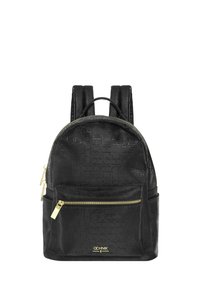 Czarny plecak wykonany z teksturowanego materiału o zaokrąglonym kształcie. Posiada przednią kieszeń na zamek i złote akcenty metalowe.