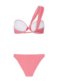 Růžový bikinový set obsahující vycpaný, bezramenní top s křížovým designem a odpovídající nízko pasové spodní prádlo, vyrobené z hladké, elastické látky.