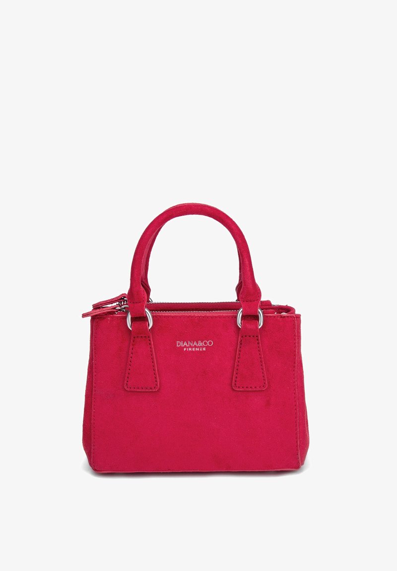 Petit sac à main rouge vif avec double anses, fermeture éclair argentée, et logo "DIANA&CO FIRENZE" au centre devant.