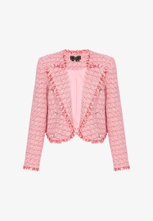 Blazer corto in tweed rosa con bordi sfrangiati e dettagli di bottoni a perla sul davanti e sulle maniche, interno foderato.